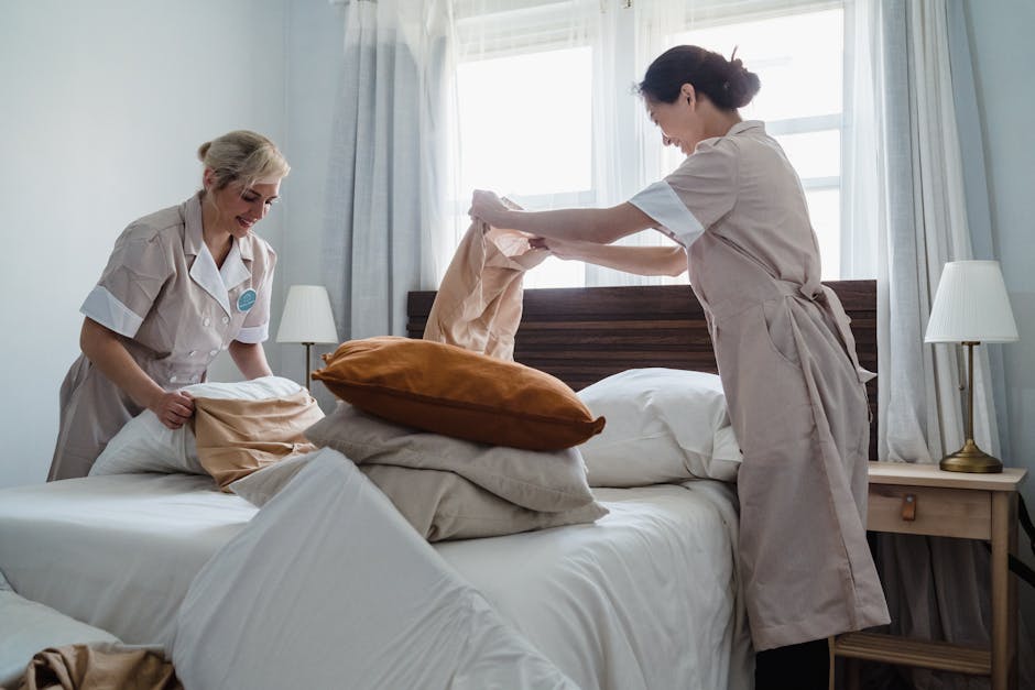 Friendly and professional cleaning staff organizing a home